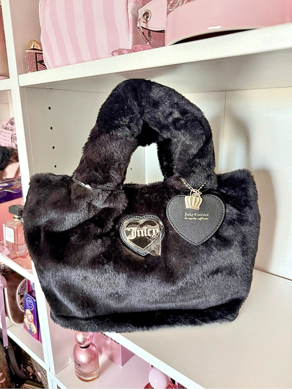 Juicy Couture Faux Fur Heart Tote Crossbody Black